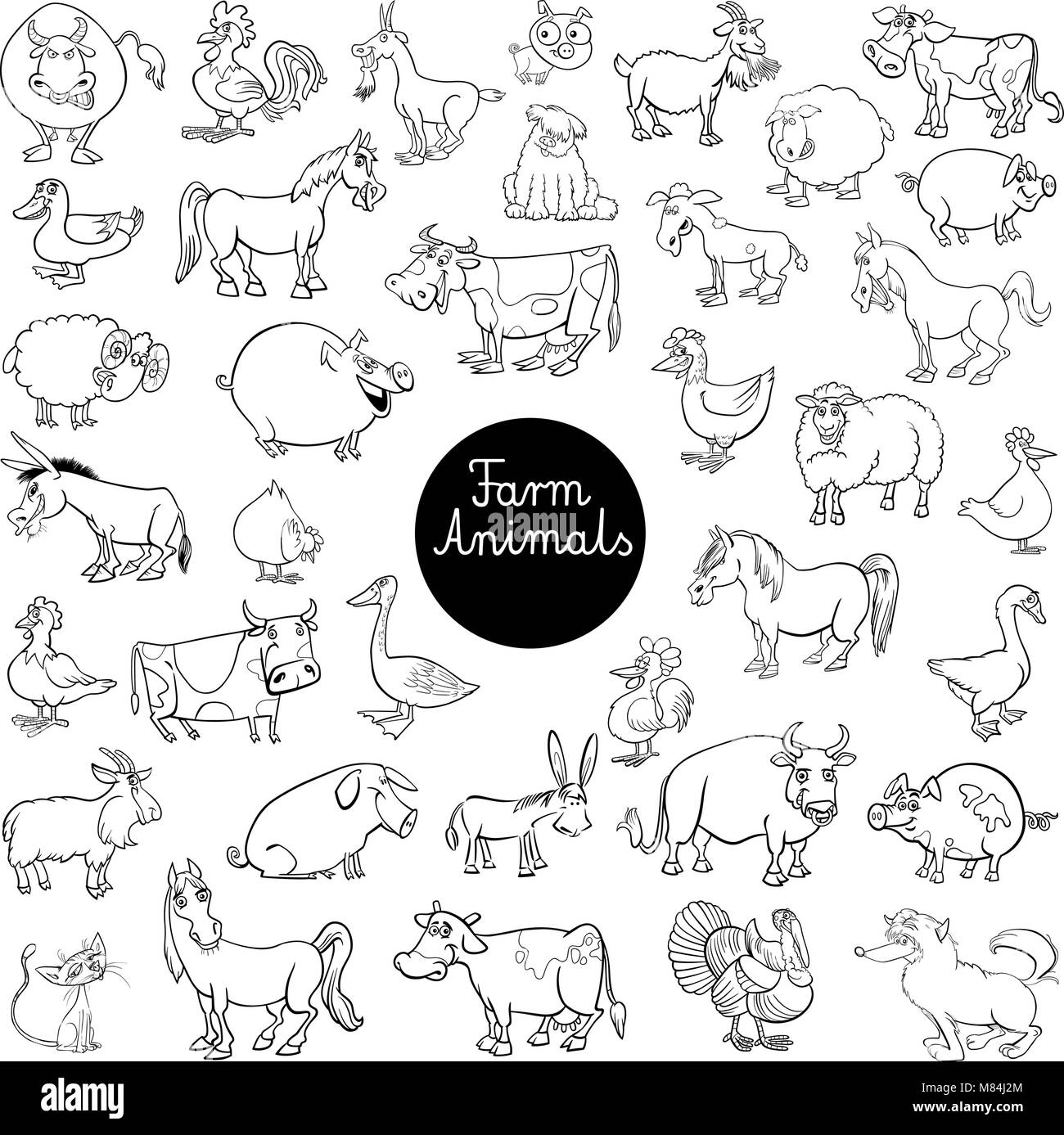Cartoon noir et blanc Illustration de caractères des animaux de ferme Grand Livre SetColoring Illustration de Vecteur