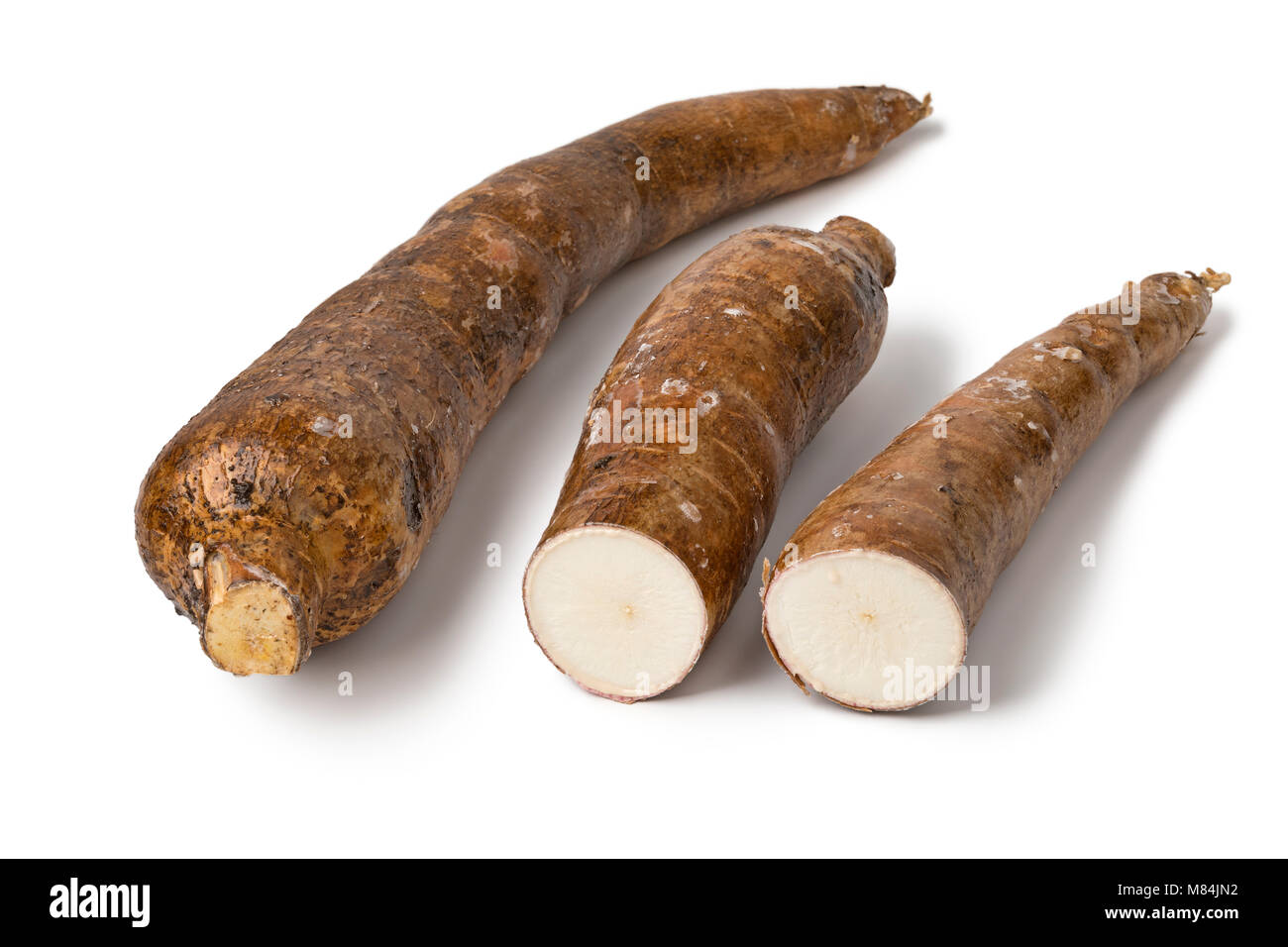 Ensemble de la racine de manioc et deux parties isolées sur fond blanc Banque D'Images