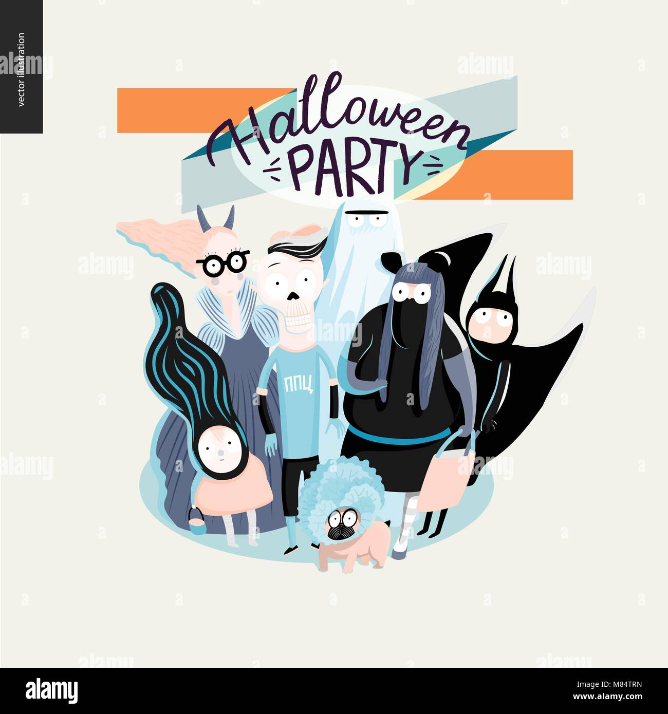 Trick ou traiter un groupe d'enfants, cartes de vœux avec lettrage Halloween Party. Vector cartoon illustré groupe d'enfants portant un costume d'Halloween Illustration de Vecteur