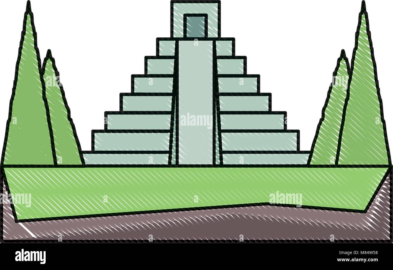 Pyramide mexicaine entouré par la nature icône sur fond blanc, design coloré. vector illustration Illustration de Vecteur