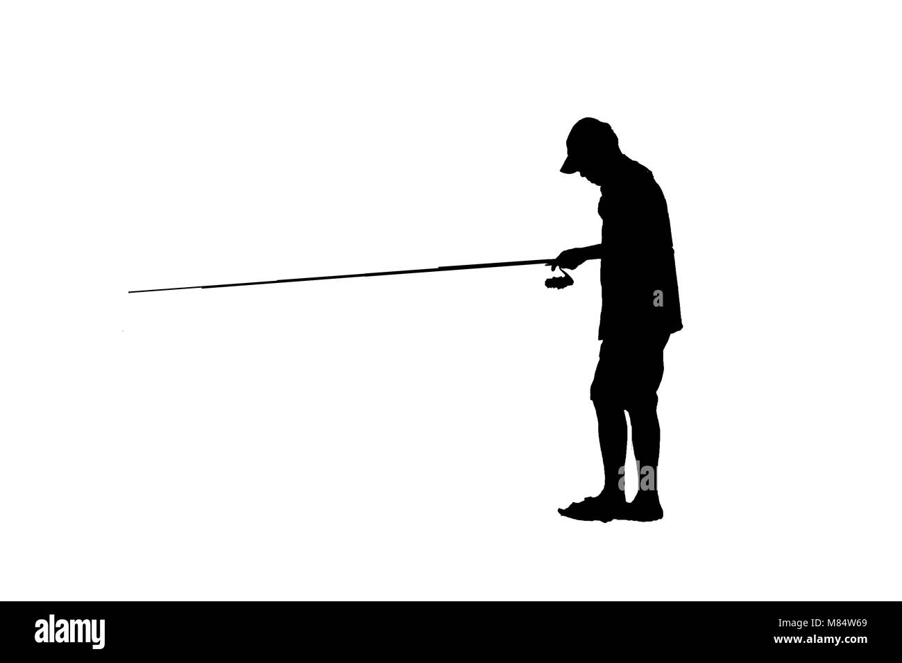 L'homme pêche silhouette fond blanc Banque D'Images