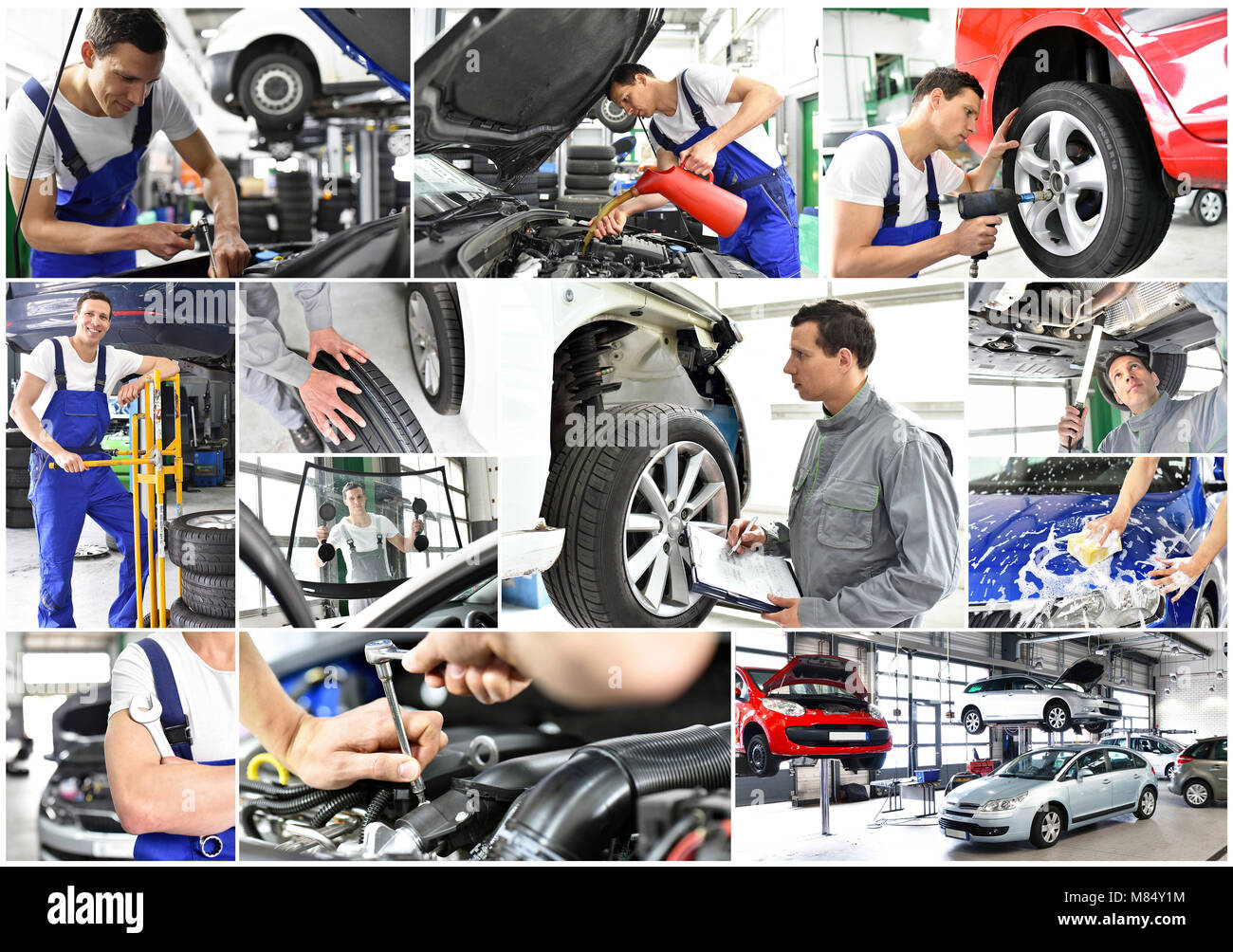 Réparation de voiture - mécanicien dans un atelier - lavage de voiture - collage avec des motivations différentes dans le monde du travail Banque D'Images