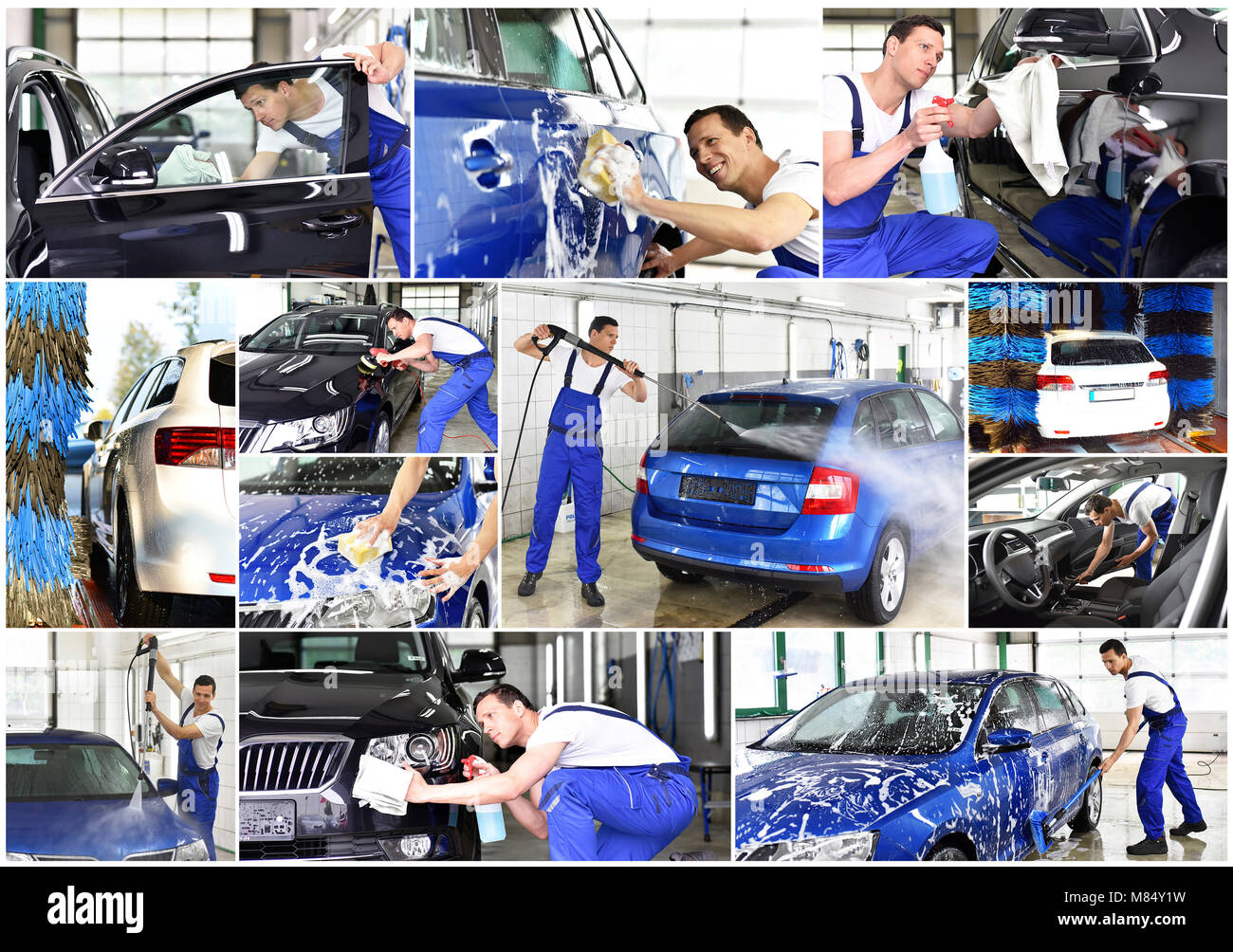Lavage de voiture Collage - Employés d'un concessionnaire automobile nettoyer un véhicule par des professionnels Banque D'Images