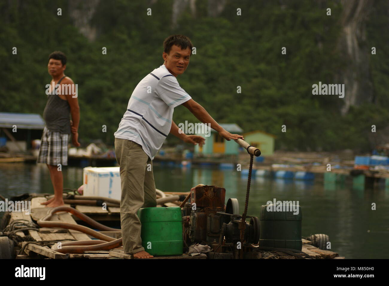 Travailleurs vietnamiens dans une ferme de fruits de mer à Halong Bay, Vietnam, la mer de Chine du Sud, Asie du Sud-est. Banque D'Images