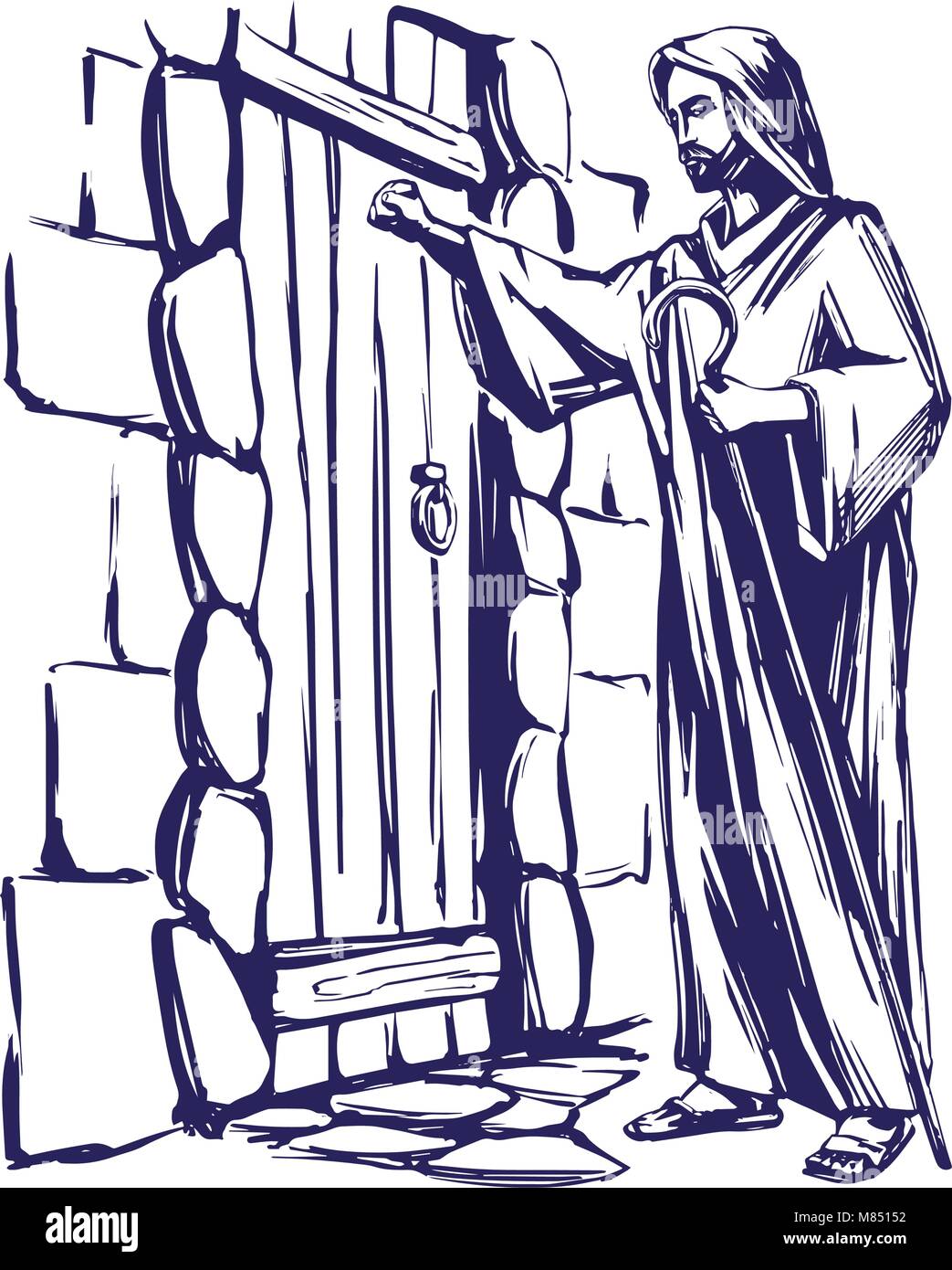 Jésus Christ, Fils de Dieu frappe à la porte, symbole du christianisme hand drawn vector illustration Illustration de Vecteur