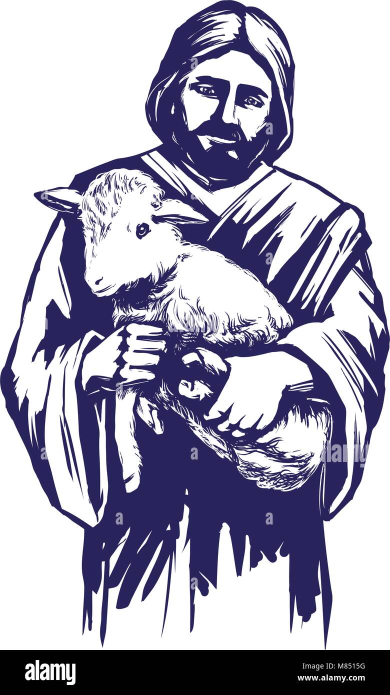 Jésus Christ, Fils de Dieu, tenant un agneau dans ses mains, symbole du christianisme hand drawn vector illustration Illustration de Vecteur