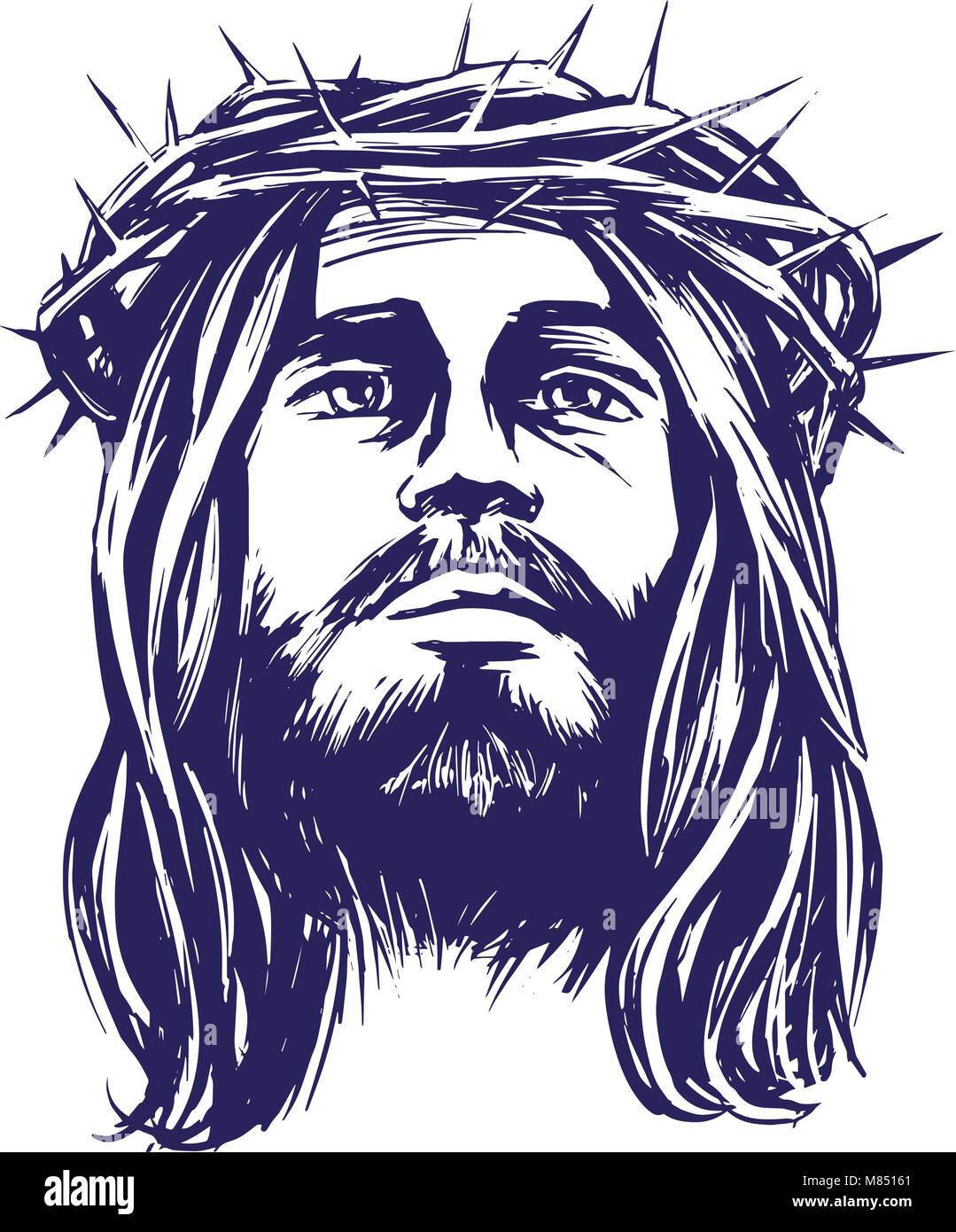 Jésus Christ, le Fils de Dieu dans une couronne d'épines sur sa tête, un symbole du christianisme hand drawn vector illustration croquis Illustration de Vecteur