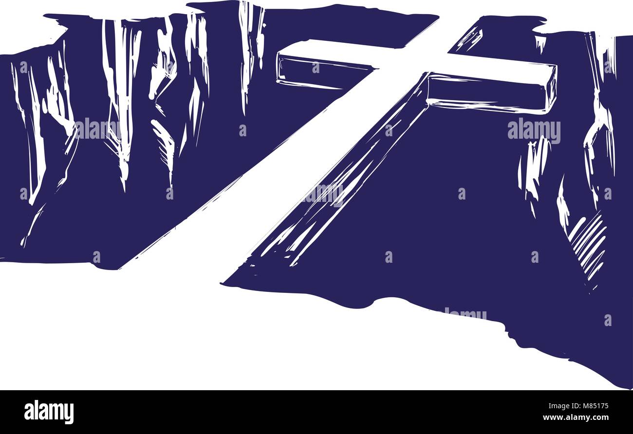Christian croix en bois se trouvant sur le gouffre, qui nous unit avec Dieu. Easter . symbole du christianisme hand drawn vector illustration Illustration de Vecteur