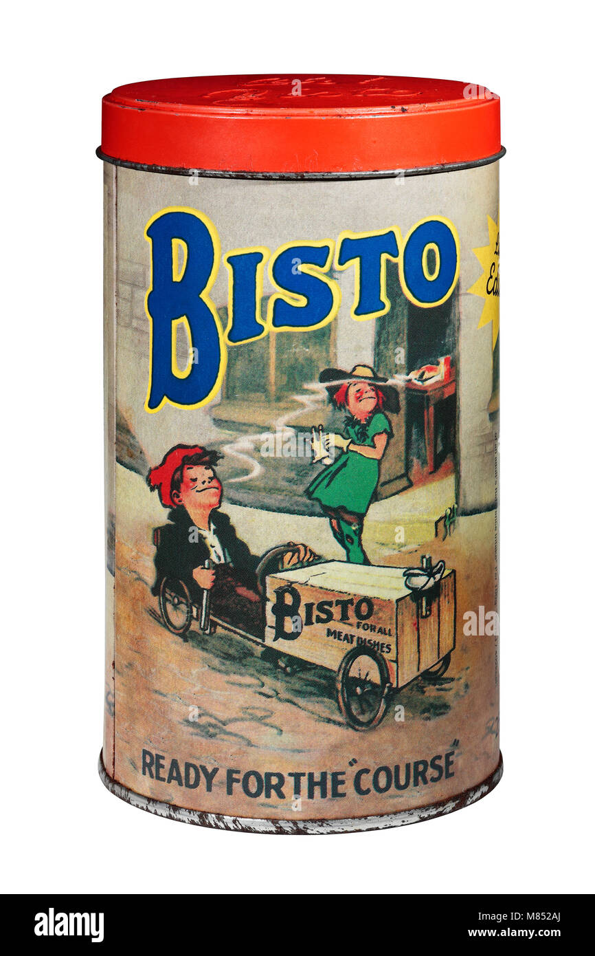 Une vieille sauce Bisto Tin 'Prêt pour le cours' avec le Bisto Kids isolé sur fond blanc Banque D'Images