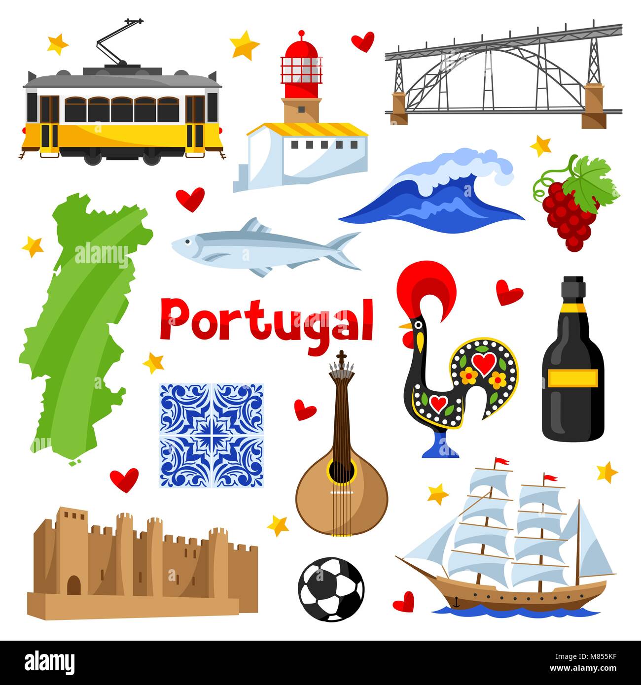 Portugal icons set. National portugais symboles traditionnels et d'objets Illustration de Vecteur