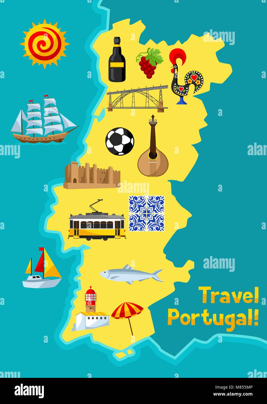 Carte du Portugal. National portugais symboles traditionnels et d'objets Illustration de Vecteur