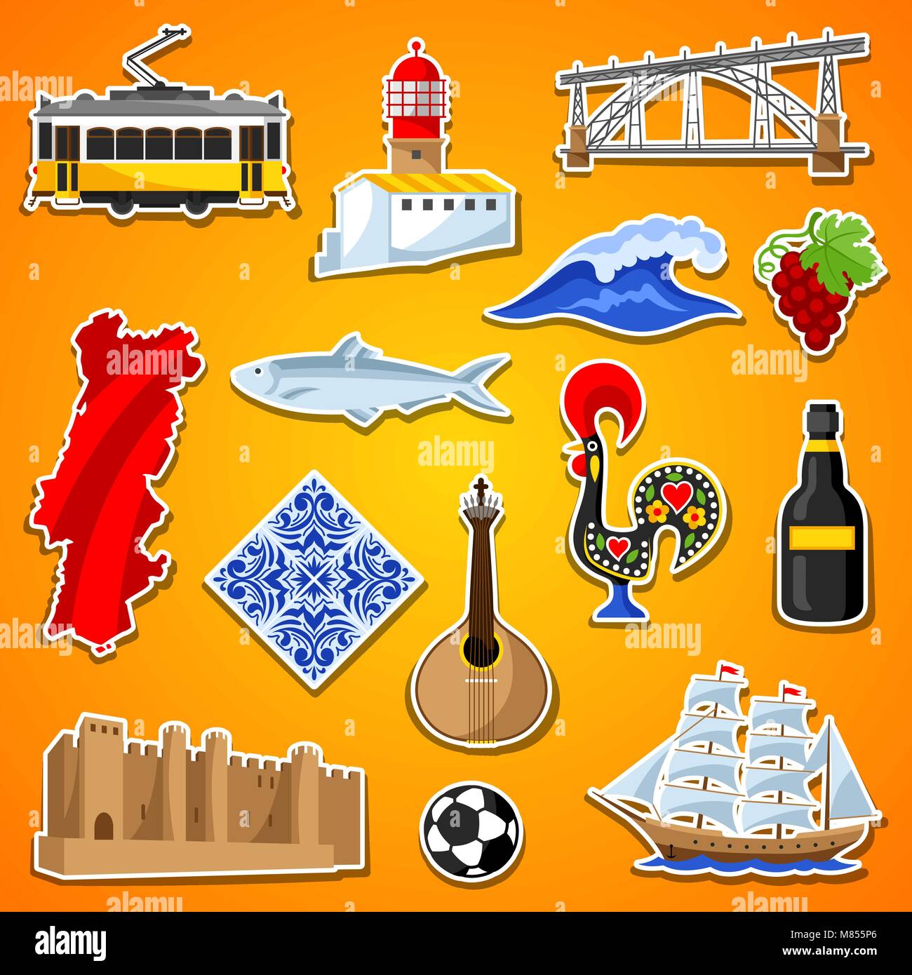 Portugal autocollants set. National portugais symboles traditionnels et d'objets Illustration de Vecteur
