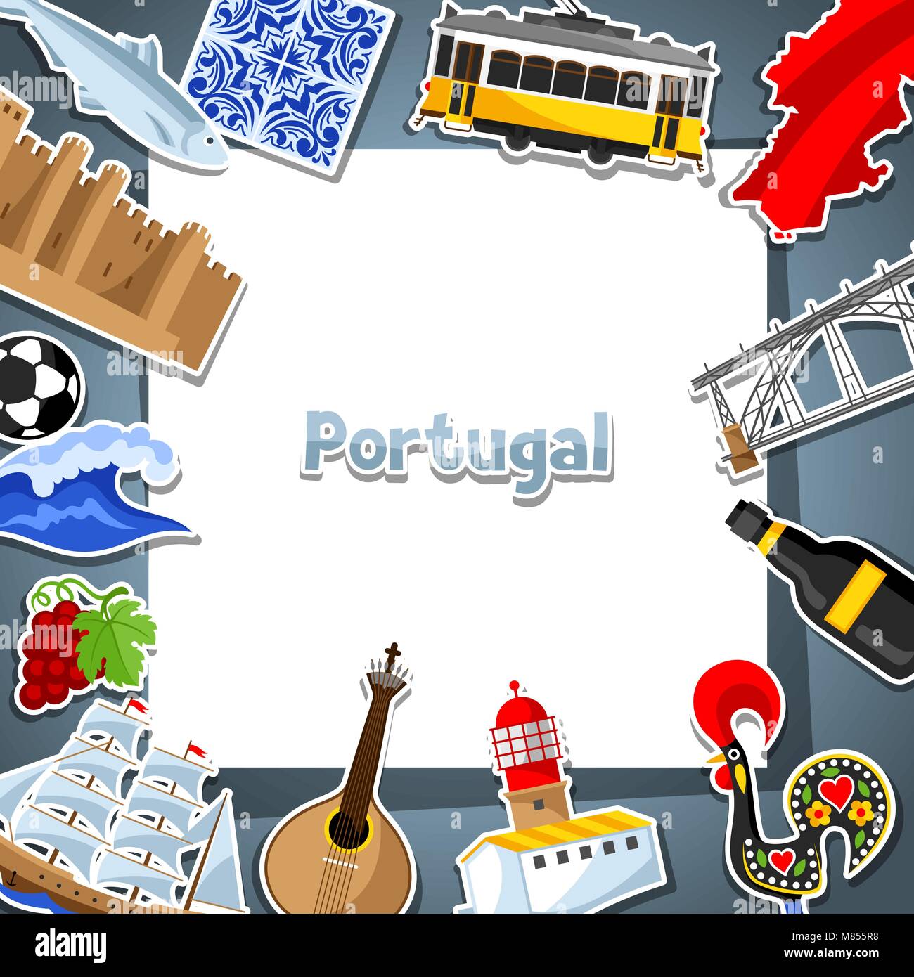 Carte du Portugal avec des autocollants. National portugais symboles traditionnels et d'objets Illustration de Vecteur