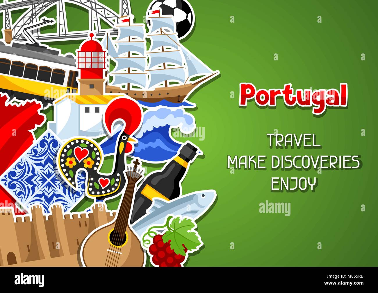 Portugal contexte avec des autocollants. National portugais symboles traditionnels et d'objets Illustration de Vecteur