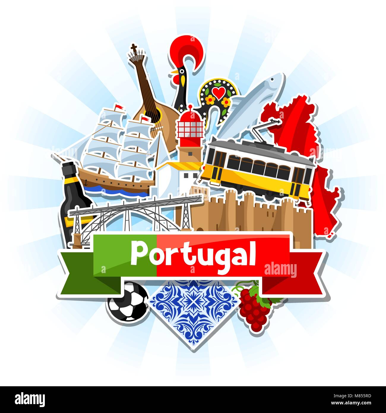 Portugal contexte avec des autocollants. National portugais symboles traditionnels et d'objets Illustration de Vecteur
