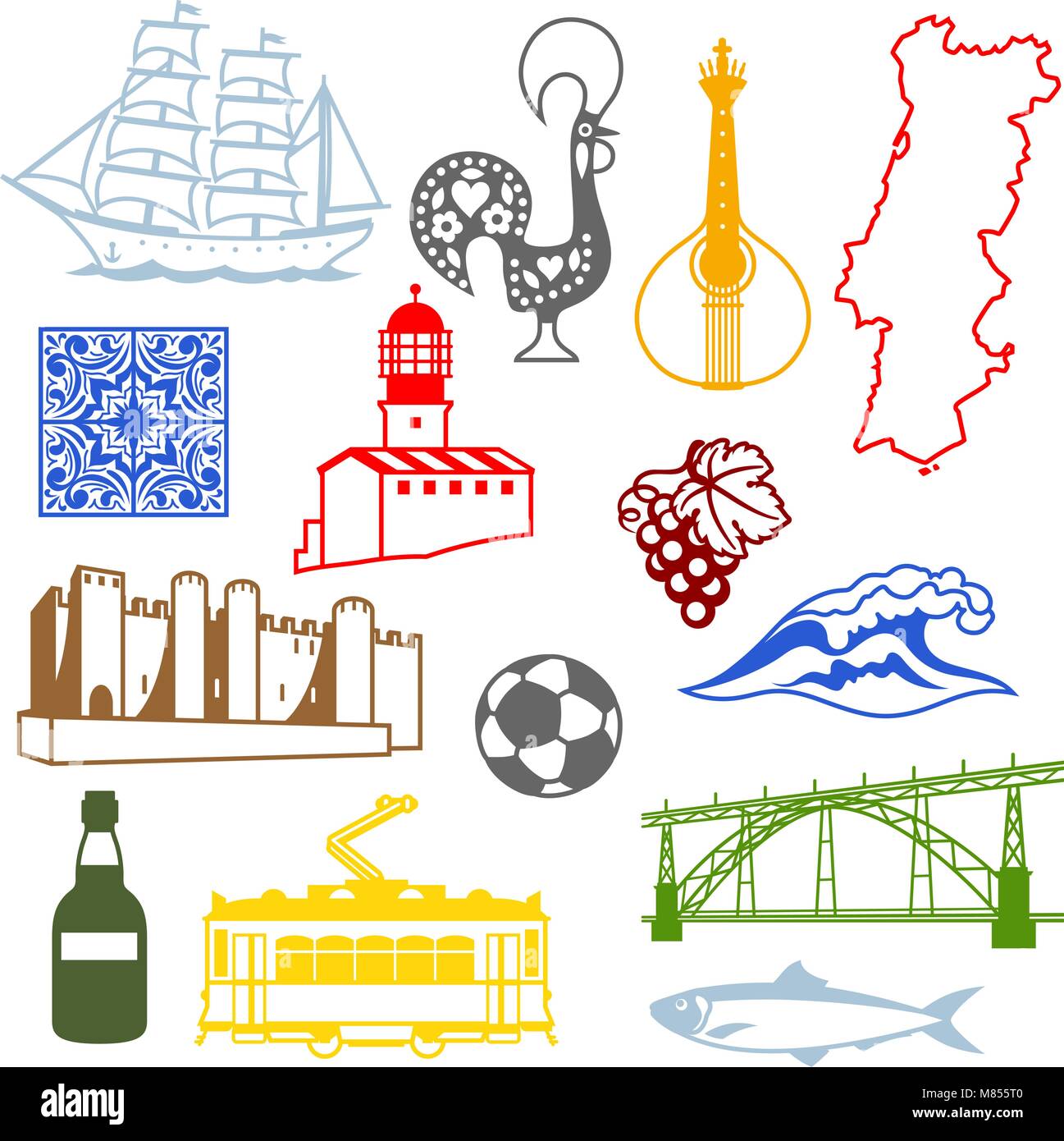 Portugal icons set. National portugais symboles traditionnels et d'objets Illustration de Vecteur