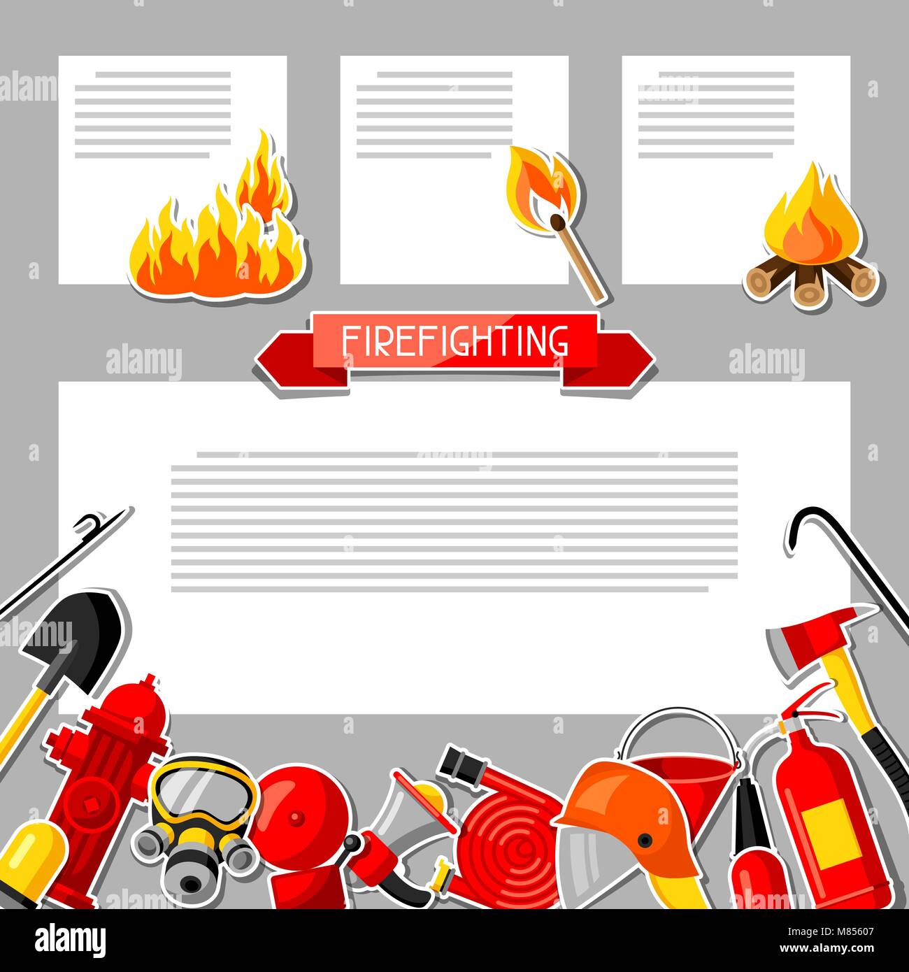 Les équipes de pompiers de fond articles autocollant. L'équipement de protection incendie Illustration de Vecteur