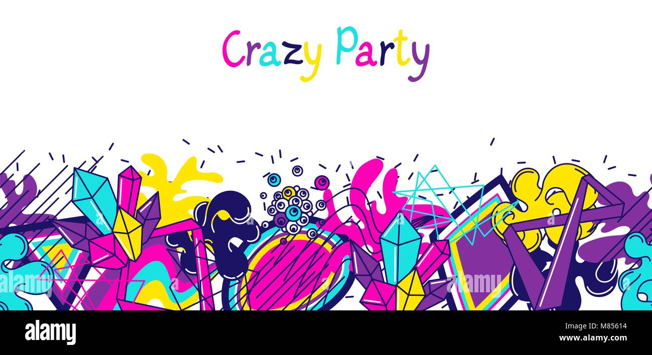 Bannière colorée à la mode crazy party. Résumé des éléments couleur moderne en style graffiti Illustration de Vecteur