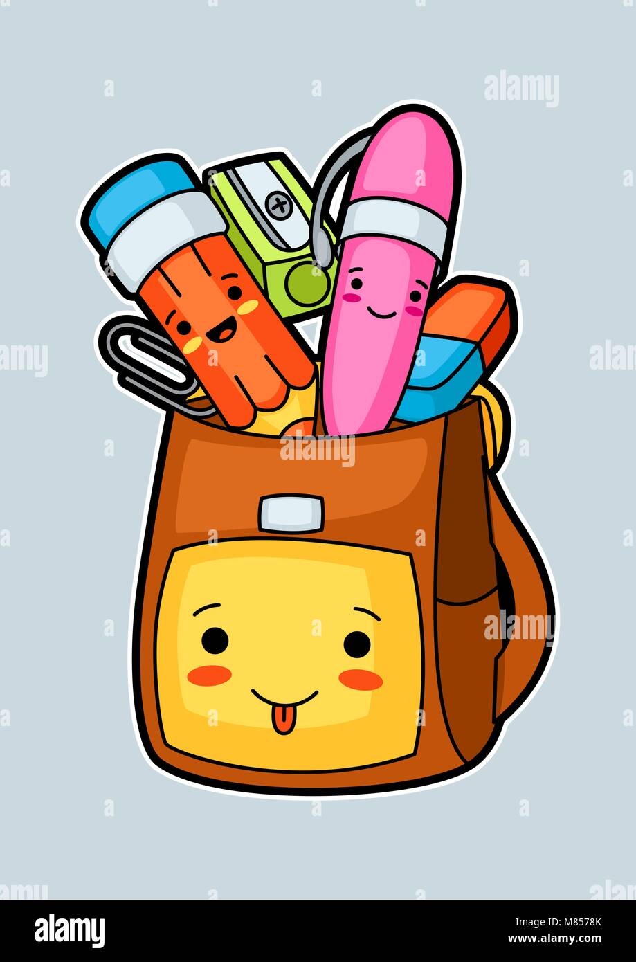 Kawaii mignon sac à dos d'école avec des fournitures scolaires Image  Vectorielle Stock - Alamy