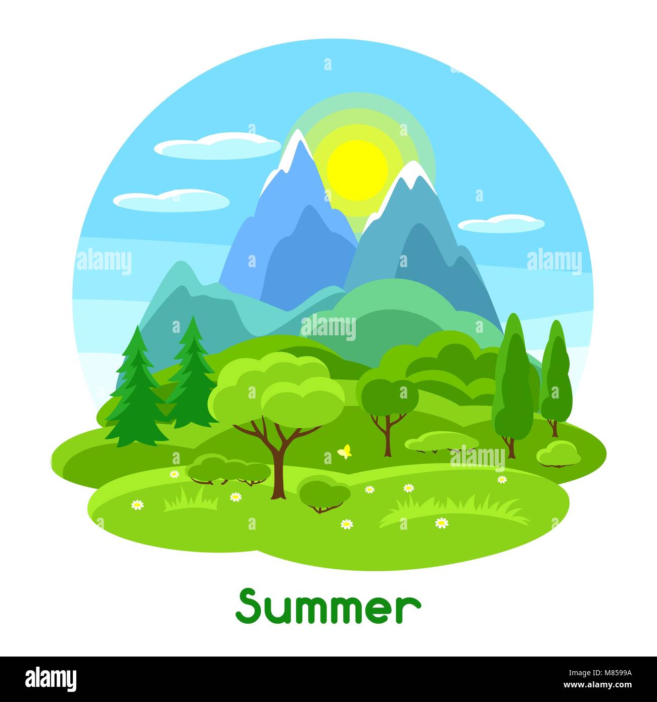 Paysage d'été avec des arbres, montagnes et collines. Illustration de saison Illustration de Vecteur
