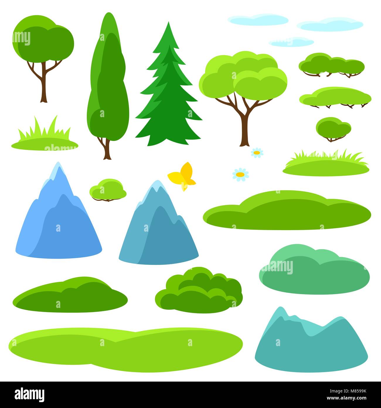 Ensemble d'été, arbres, montagnes et collines. Collection de saison Illustration de Vecteur