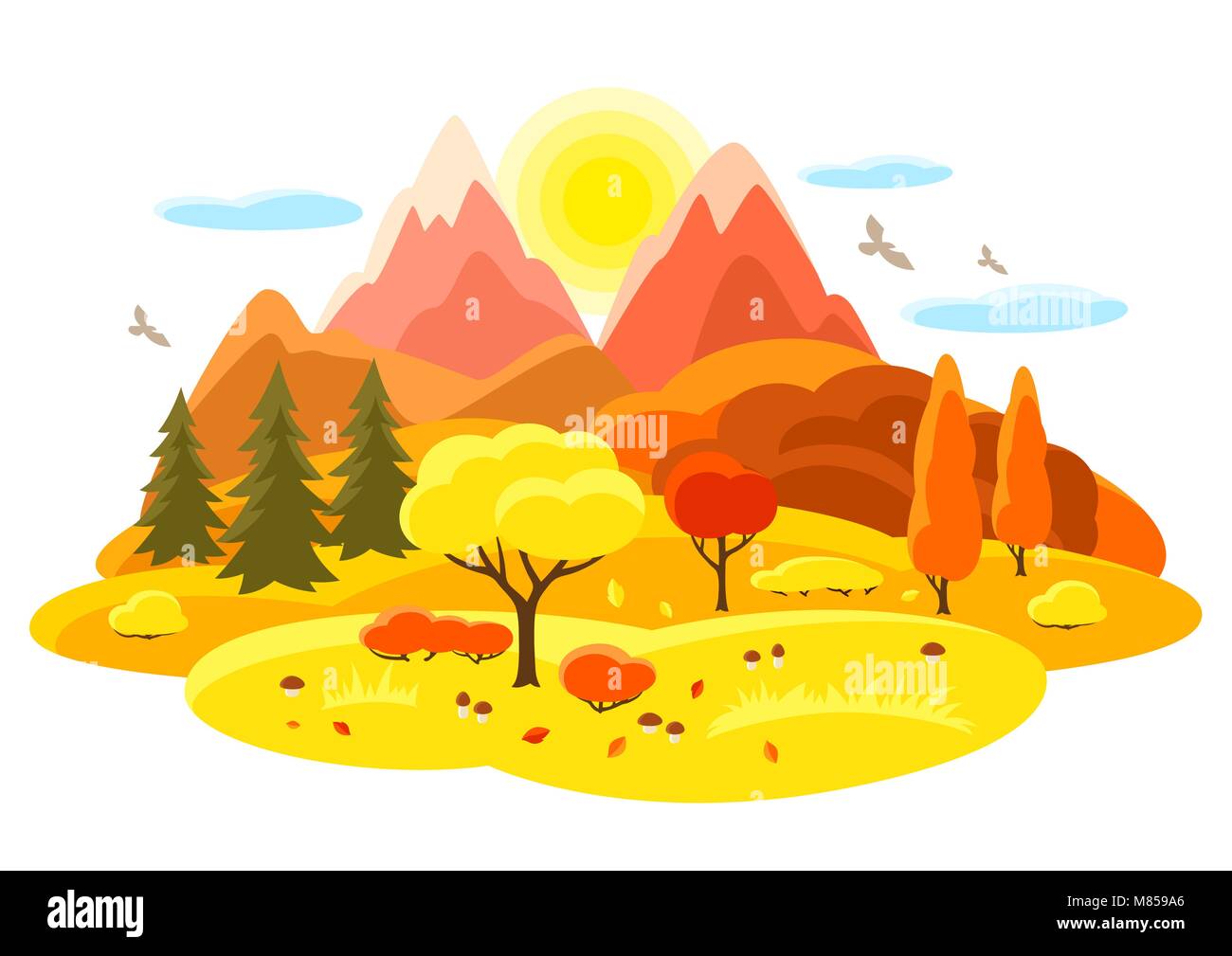 Paysage d'automne avec arbres, montagnes et collines. Illustration de saison Illustration de Vecteur