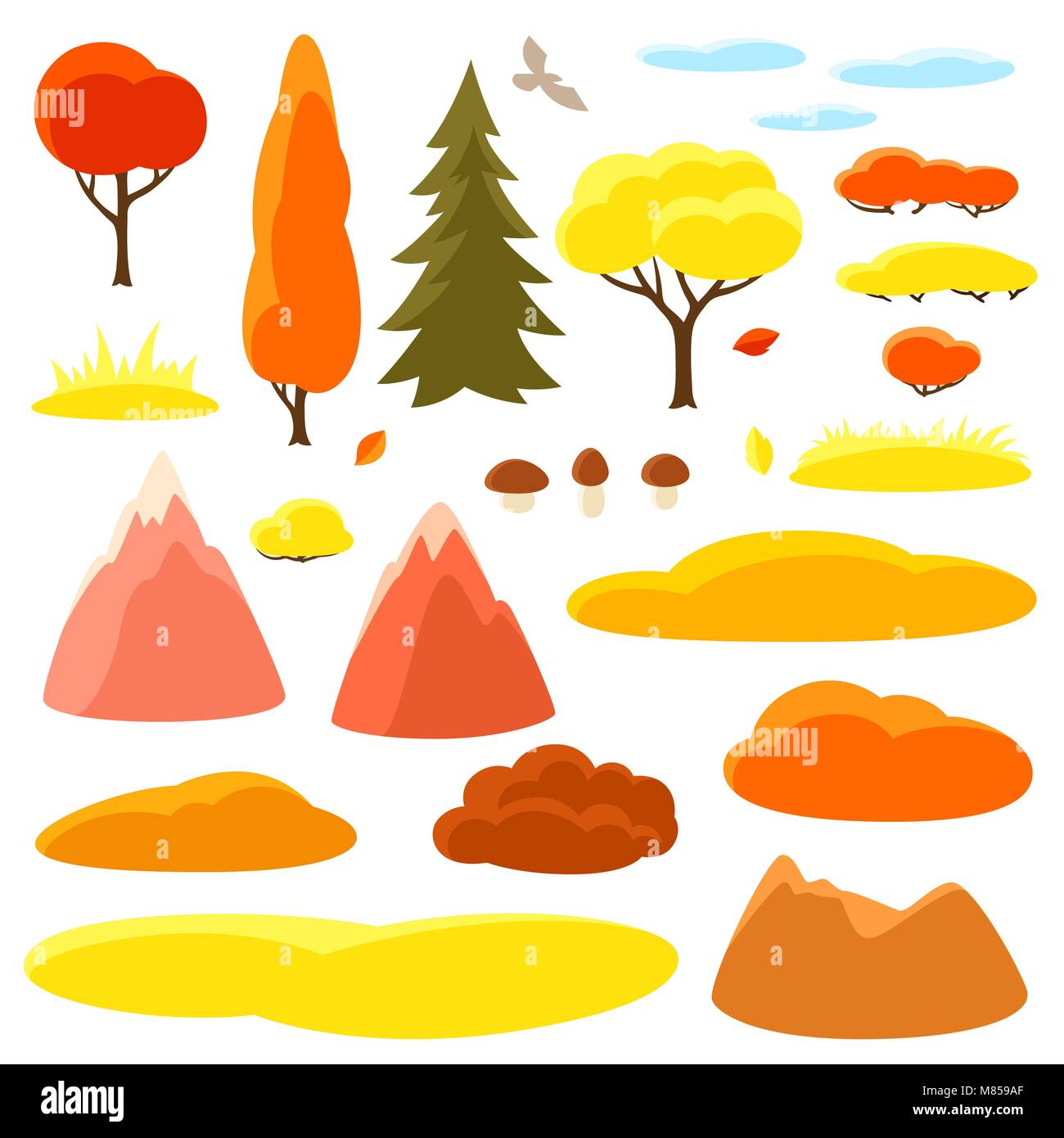 Jeu de l'automne d'arbres, montagnes et collines. Collection de saison Illustration de Vecteur