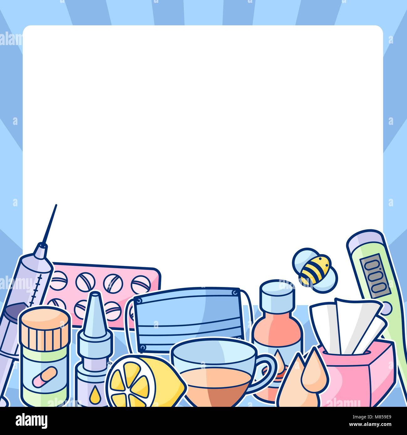 Châssis avec les médicaments et les objets médicaux. Le traitement du rhume et de la grippe Illustration de Vecteur