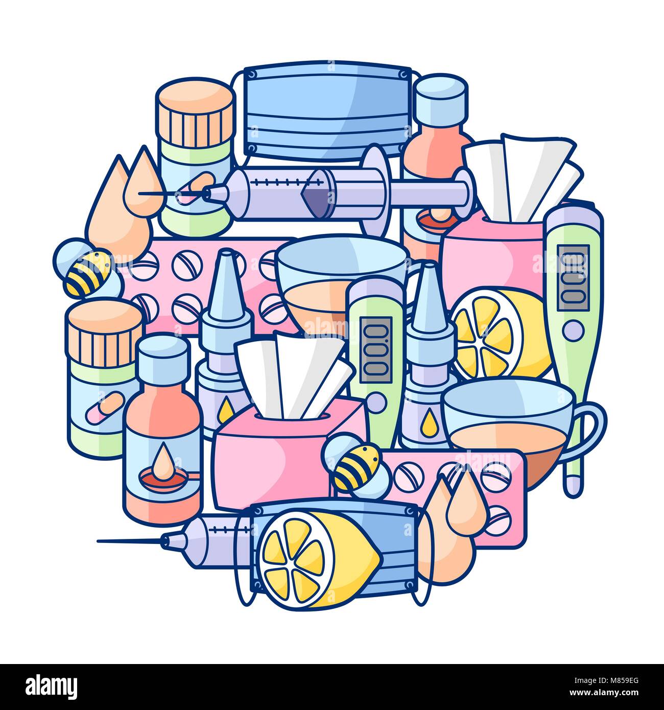 Arrière-plan avec des médicaments et des frais médicaux des objets. Le traitement du rhume et de la grippe Illustration de Vecteur