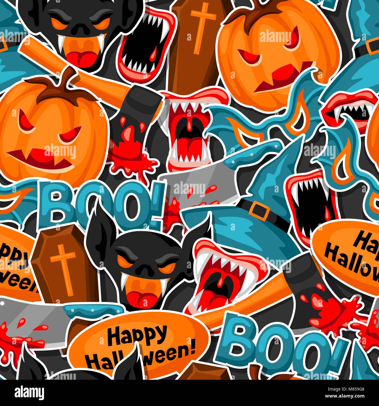 Happy Halloween seamless pattern avec cartoon autocollant de symboles Illustration de Vecteur