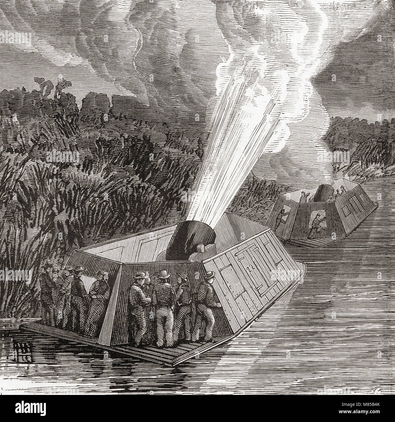 Le bombardement par les bateaux de mortier sur le Mississippi pendant la guerre civile américaine, 1861-1865. De Ward et verrouiller l'illustre l'histoire du monde, publié c.1882. Banque D'Images