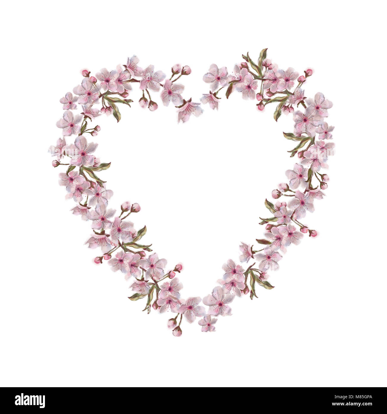 Coeur Floral Wreath. Pomme/amande/Cherry couronne en forme de coeur.  Couronne de fleurs de printemps isolé sur blanc. Arrière-plan de jeu  floral, d'impression, du textile Photo Stock - Alamy