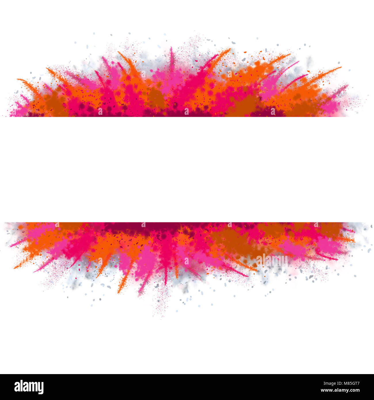 Bannière blanche avec Splash de peinture aux couleurs vives de texture. Abstract Colorful Splatter. Holi, Fête, anniversaire. Banque D'Images