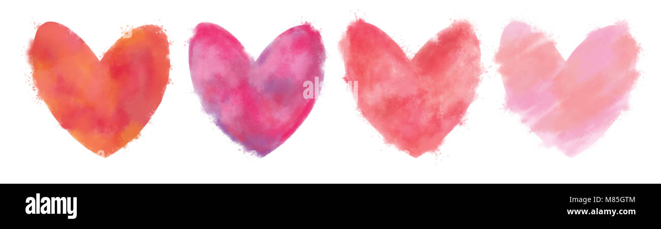 Ensemble de coeurs Aquarelle. Coeur isolé sur fond blanc. La main peinte Semi-Transparent Coeurs pour la Saint Valentin, Mariage, célébration de l'engagement. Banque D'Images