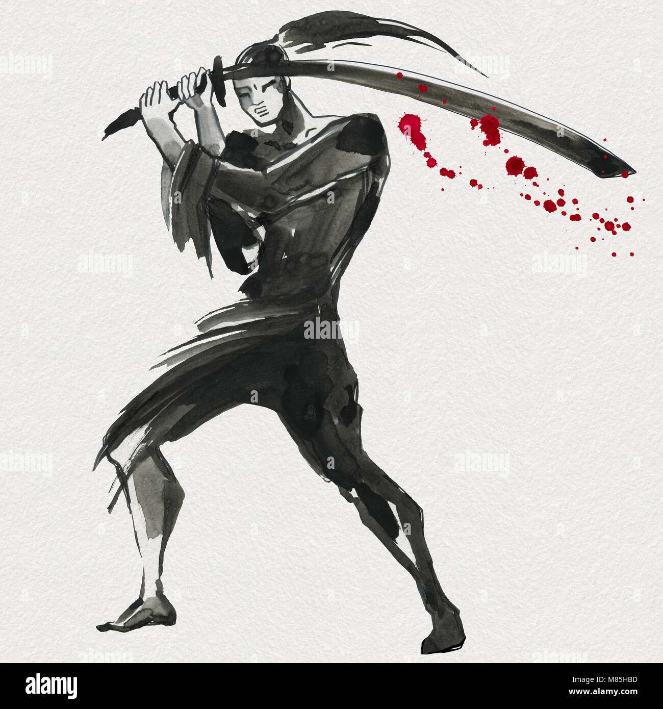 Silhouette samouraï. Style Chinois. Peinture à la main à l'Aquarelle illustration Banque D'Images