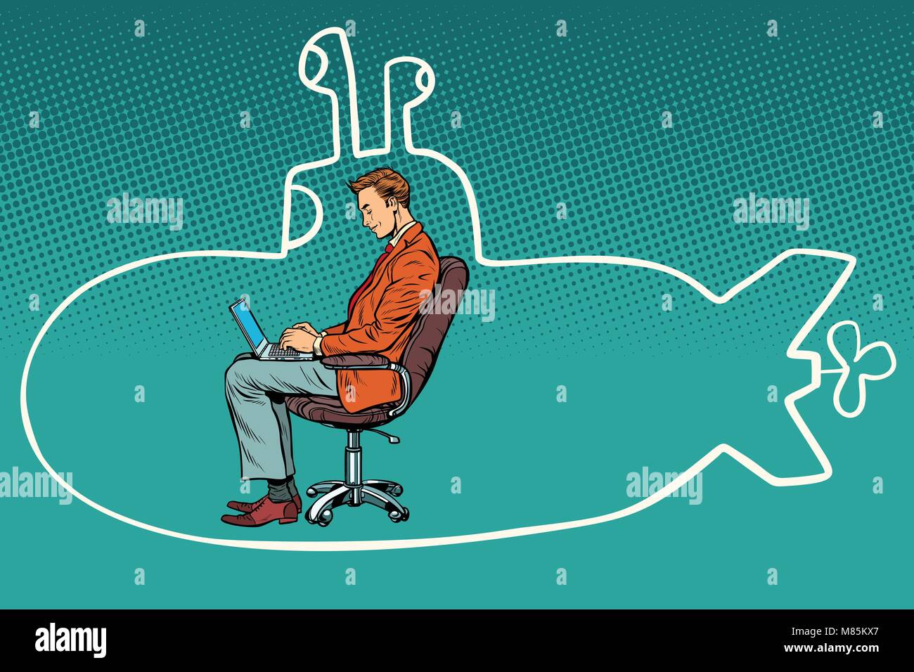Businessman working on laptop et rêver de voyager dans su Illustration de Vecteur
