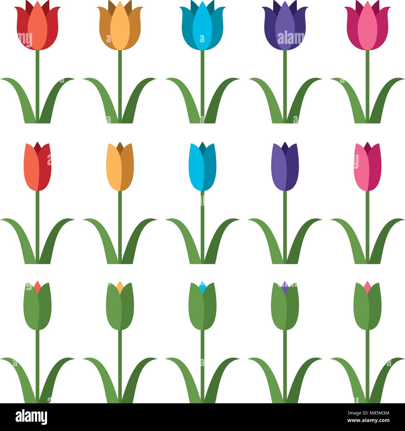 Vector set d'icônes de tulipes colorées, symboles fleur abstrait isolé sur fond blanc, de belles tulipes pour conception de décoration de style graphique. Illustration de Vecteur