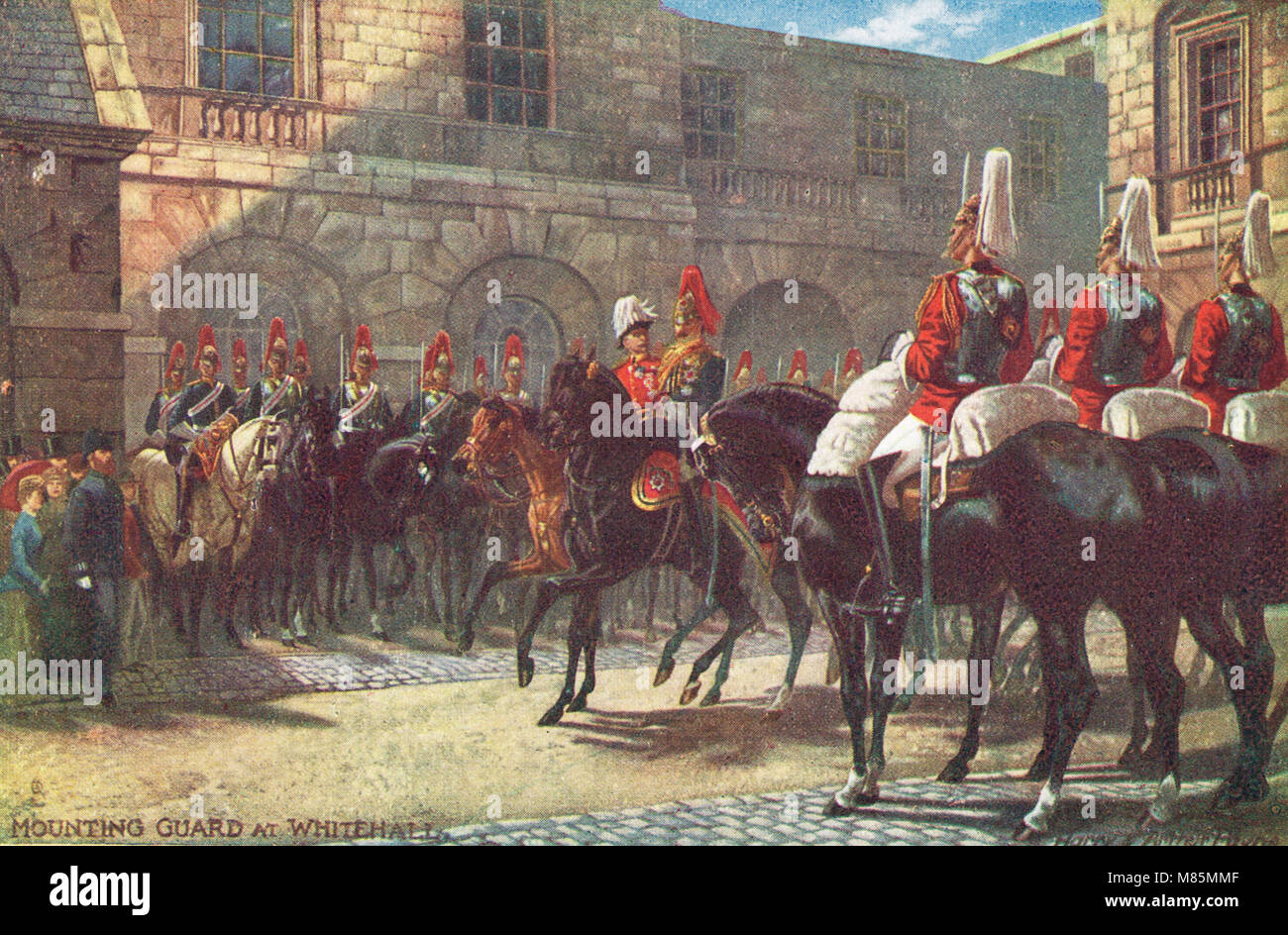 Monter la garde (changement de la Garde côtière canadienne) à Whitehall, Londres, Angleterre, vers 1905 Banque D'Images