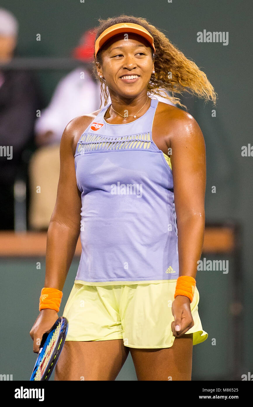 Indian Wells, en Californie, USA. 14Th Mar, 2018. Naomi Osaka (JPN) sourit après avoir battu Karolina Pliskova (CZE) 6-2, 6-3 dans les puits Jardin Tennis à Indian Wells, en Californie. Tdamr/TennisClix © Lam/CSM/Alamy Live News Banque D'Images