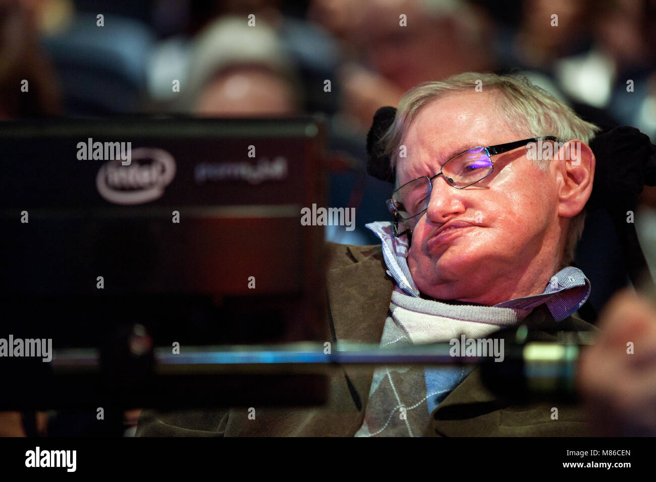 Le professeur Stephen Hawking, scientifique britannique, célèbre physicien, portrait, Close up. portrait, Starmus festival 2016 Tenerife Banque D'Images