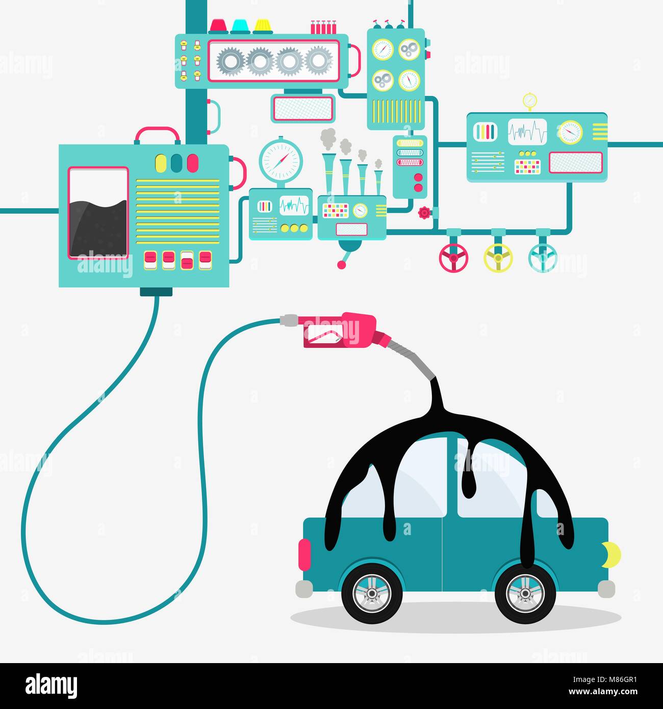 L'usine de machines ou d'huile de raffinage et de répandre de l'huile sur la voiture. Industrie pétrolière. Conceptuel. Illustration de Vecteur