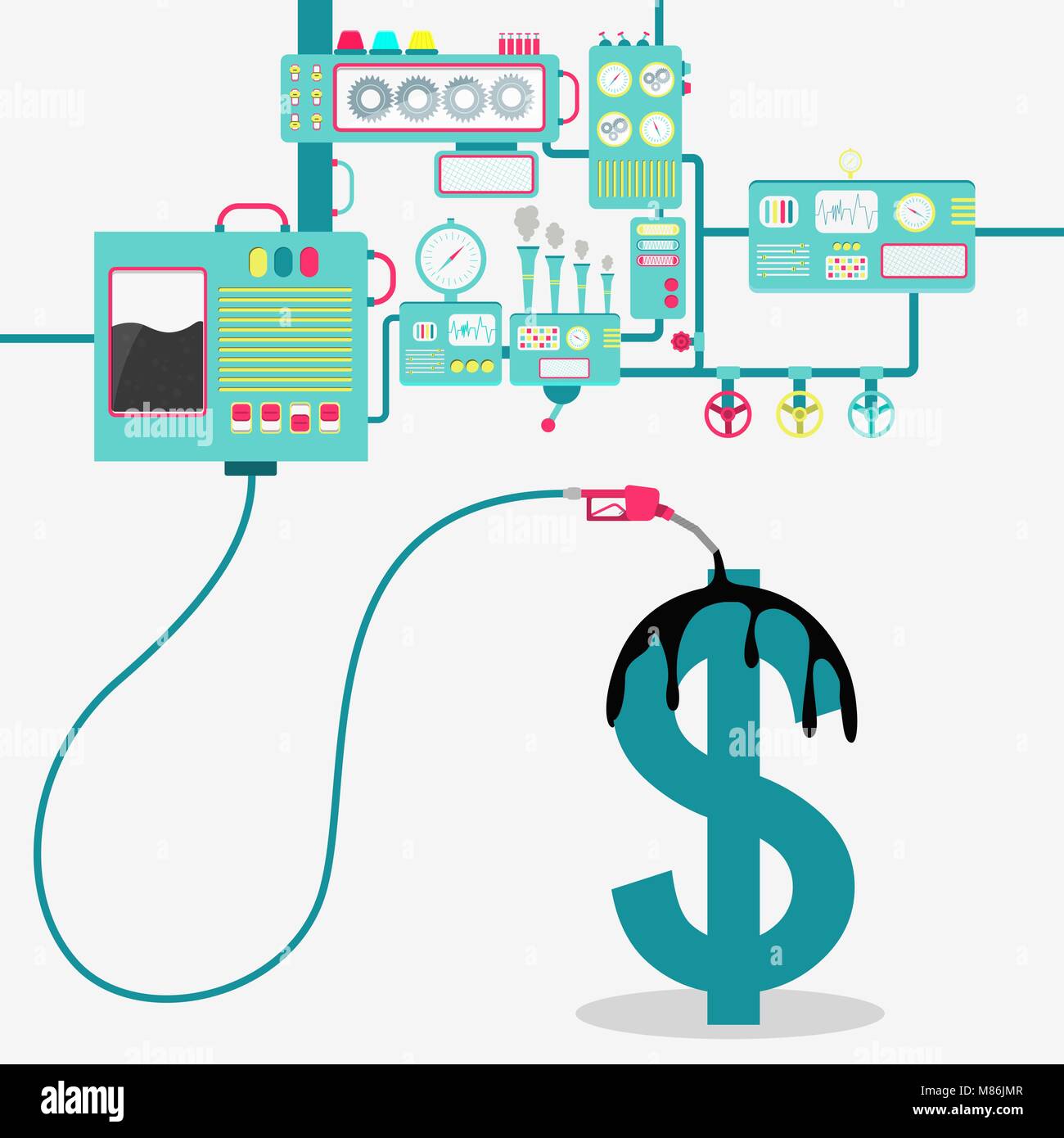 L'usine de machines et d'éclaboussure d'huile de raffinage de l'huile sur le signe dollar. Industrie pétrolière. Conceptuel. Illustration de Vecteur