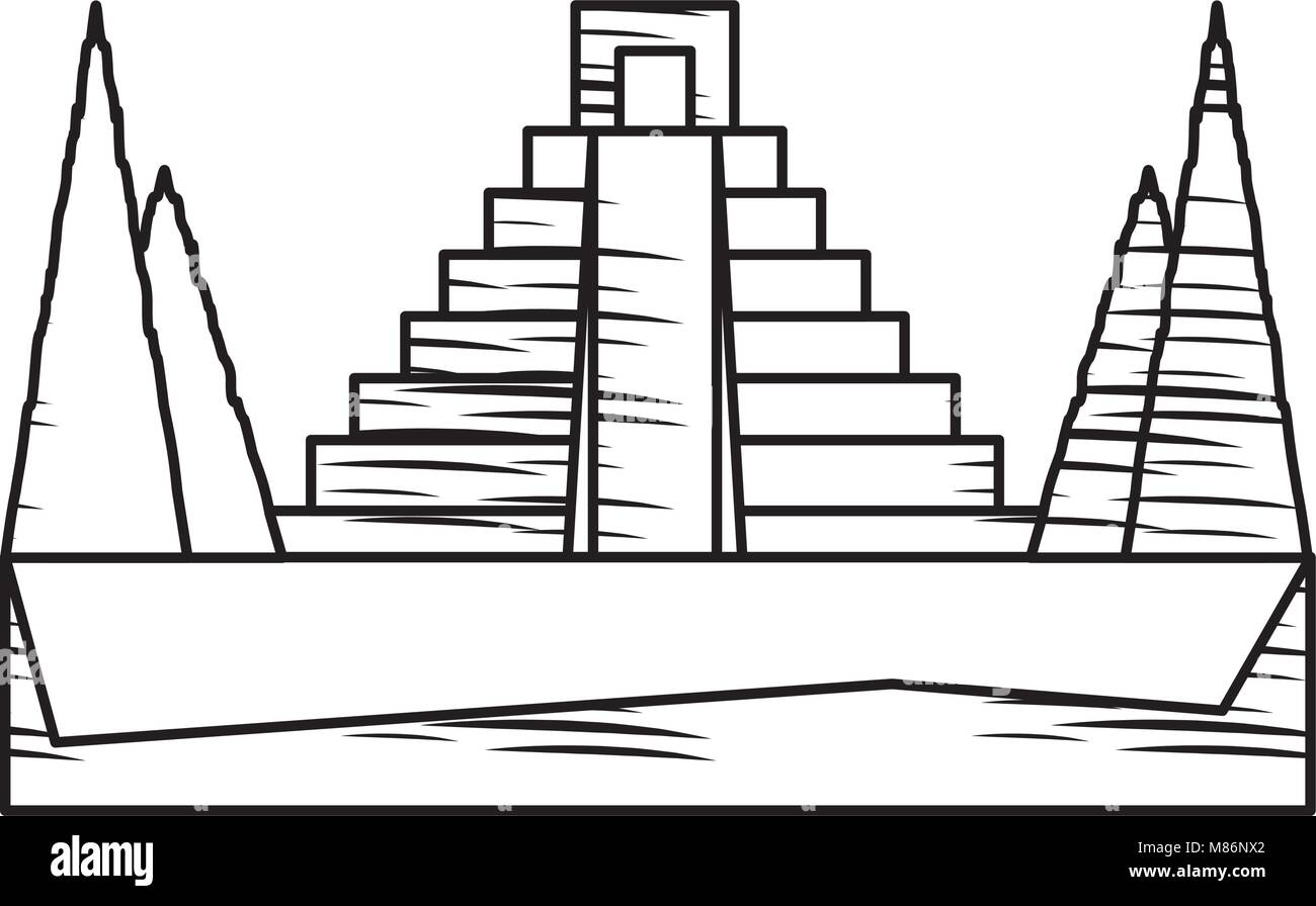 Croquis de la pyramide mexicaine entouré par la nature icône sur fond blanc, vector illustration Illustration de Vecteur