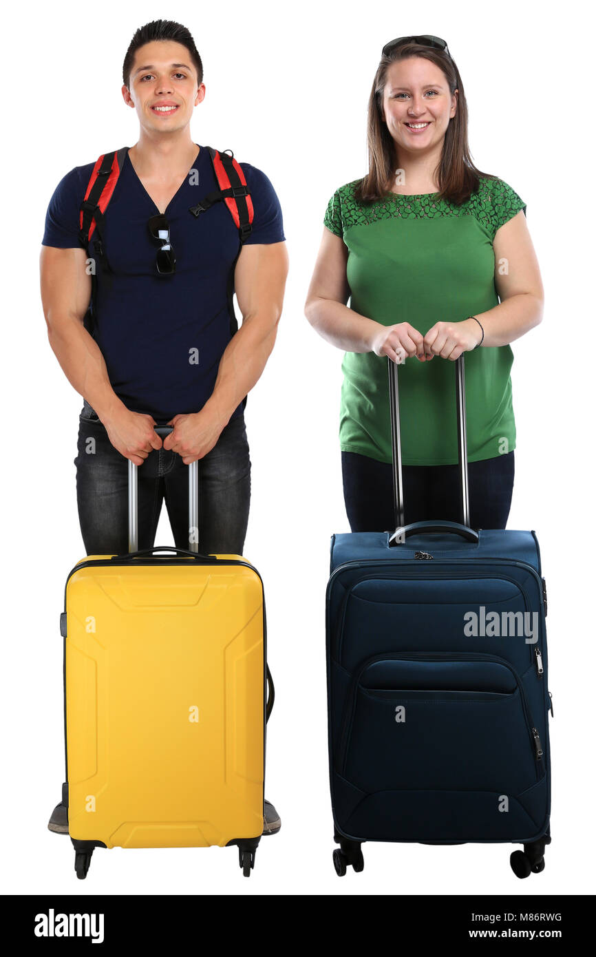 Locations de vacances jeunes avec une assurance bagages sac de voyage Voyager isolé sur fond blanc Banque D'Images