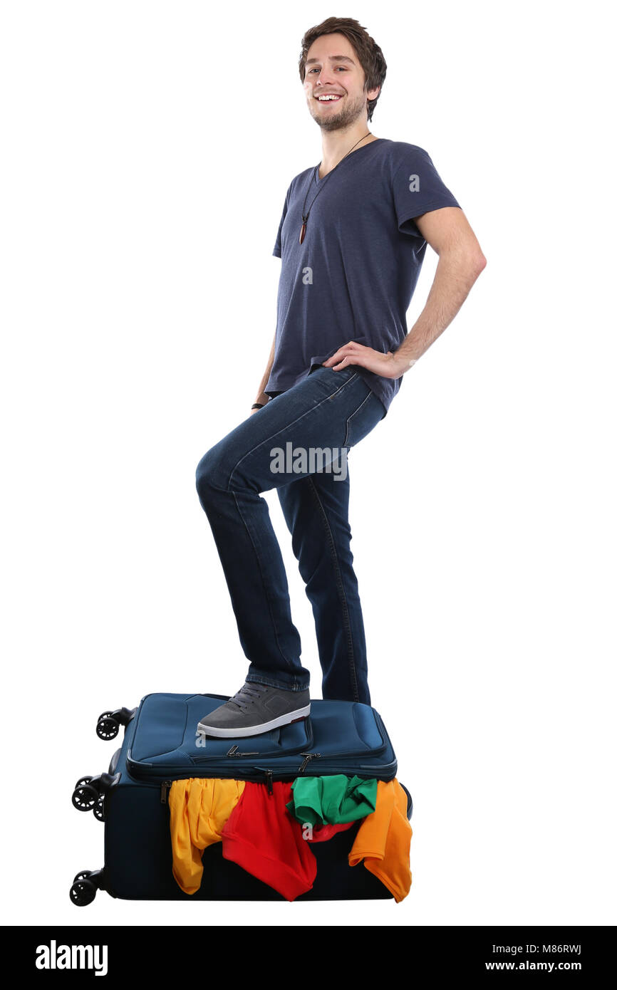 Valise d'emballage sac bagages jeune homme voyager locations de vacances isolé sur fond blanc Banque D'Images