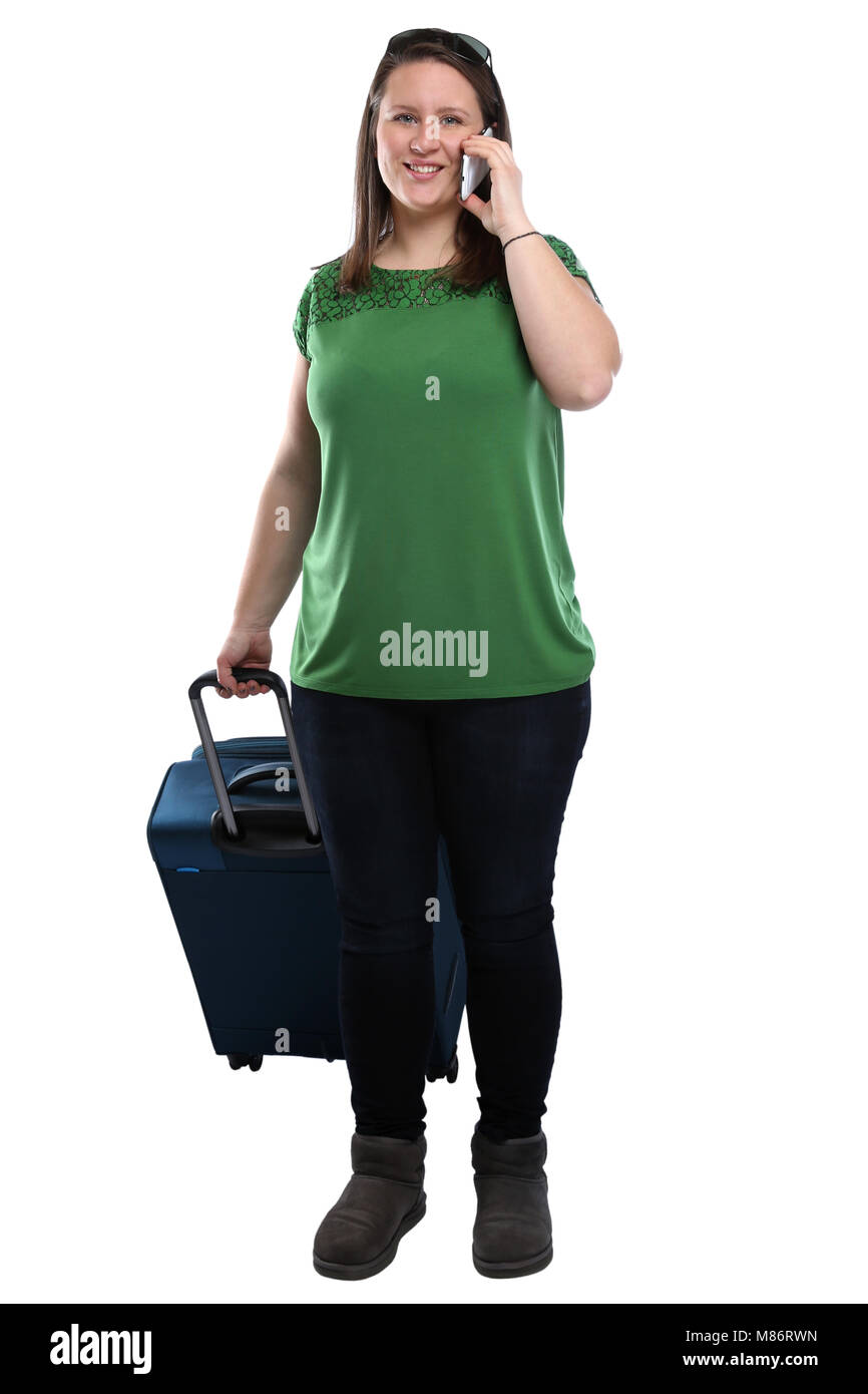 Jeune femme avec smart mobile pour téléphone intelligent voyager locations de vacances isolé sur fond blanc Banque D'Images
