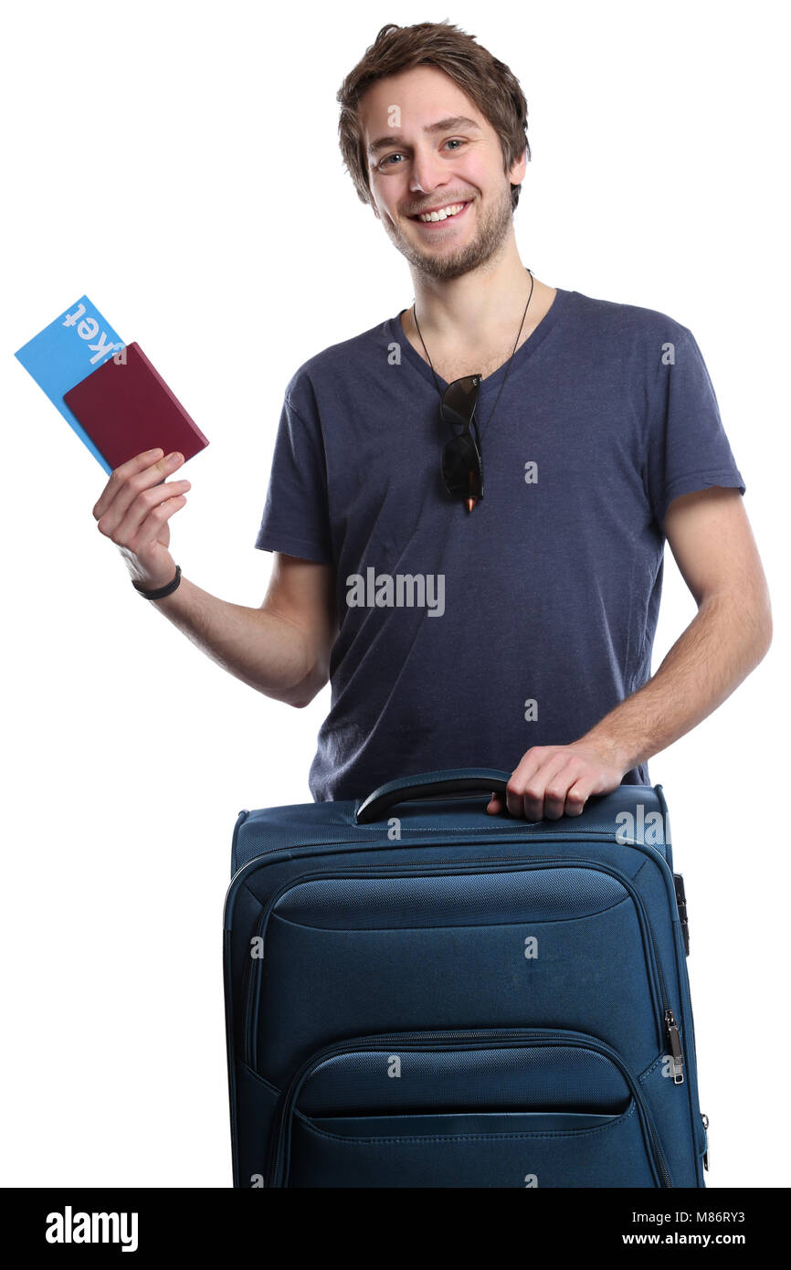 Jeune homme avec ticket vol Billet d'avion voyager locations de vacances isolé sur fond blanc Banque D'Images