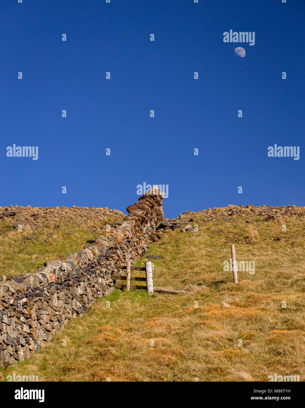 Mur de pierres sèches et lune à Marchlyn Mawr, Galles Banque D'Images