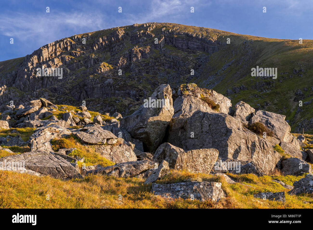 Des rochers près de Marchlyn Mawr et Elidir Fawr, Galles Banque D'Images