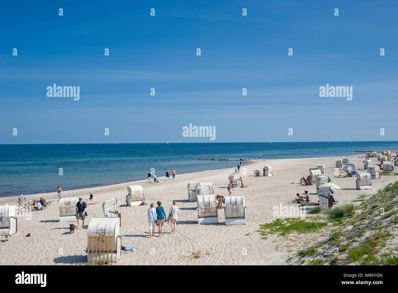 Plage et lit chaise de plage en osier, Dahme, mer Baltique, Schleswig-Holstein, Allemagne, Europe Banque D'Images